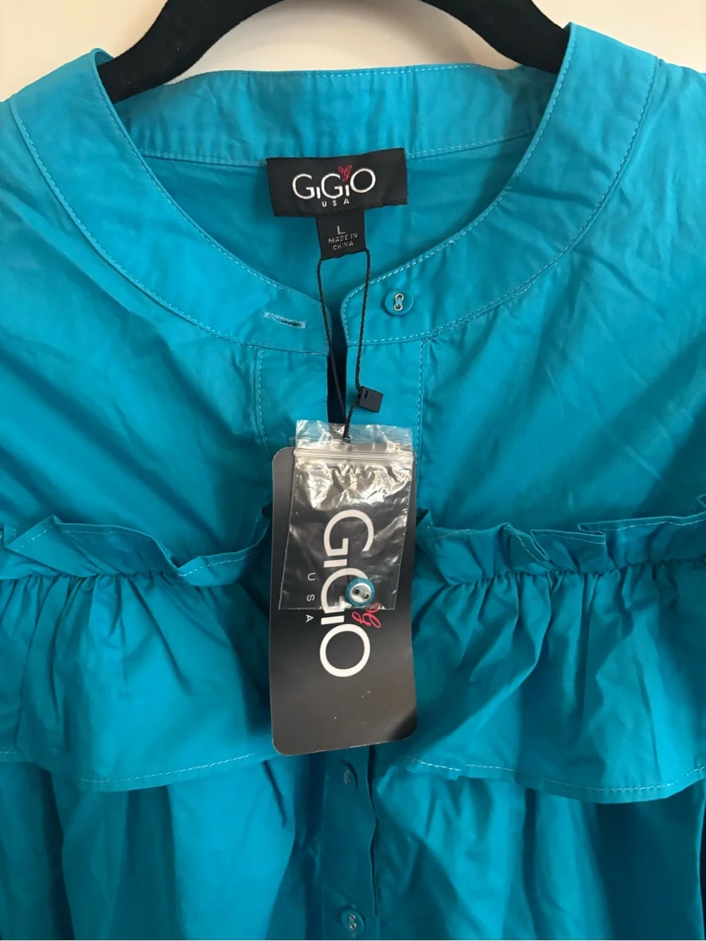 Gigio Boutique Aqua Blue Ruffle Button-Up Dress NWT, Size L, 100% Cotton, Preppy - Picture 3 of 4